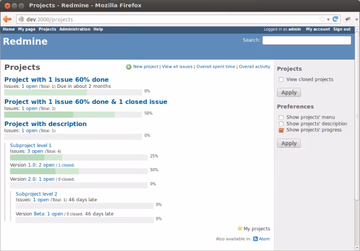 Redmine Aufgabenlistenfenster mit Filtern und Kategorien