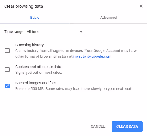 Окно очистки кэша и данных браузера Chrome