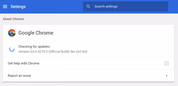 Экран обновления Google Chrome с номером версии