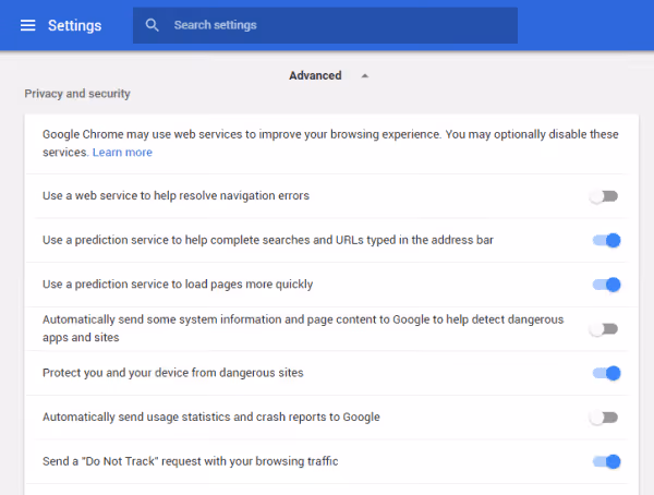 Настройки предзагрузки страниц и сетевых предсказаний Chrome
