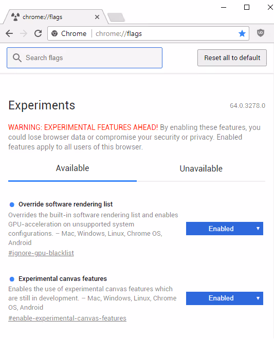 Страница экспериментальных флагов Chrome с поиском по настройкам