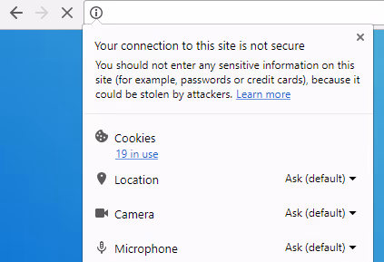 Avviso del browser su connessione HTTP non sicura