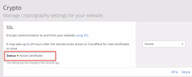 Stato del certificato SSL attivo nel pannello Cloudflare
