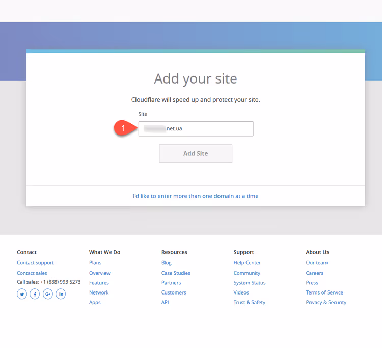 Поле ввода доменного имени при добавлении сайта в Cloudflare