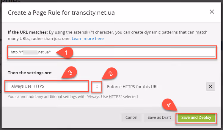 Configurazione della regola Always Use HTTPS per il redirect