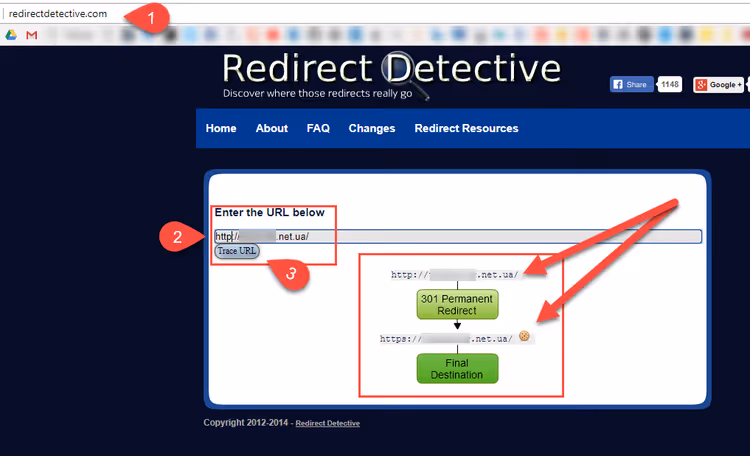 Risultato del controllo del redirect 301 nel servizio Redirect Detective