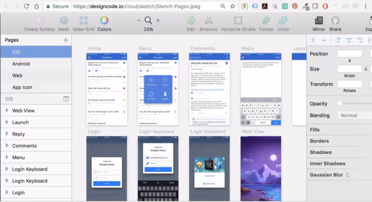 Sketch workspace with artboards and vector layers