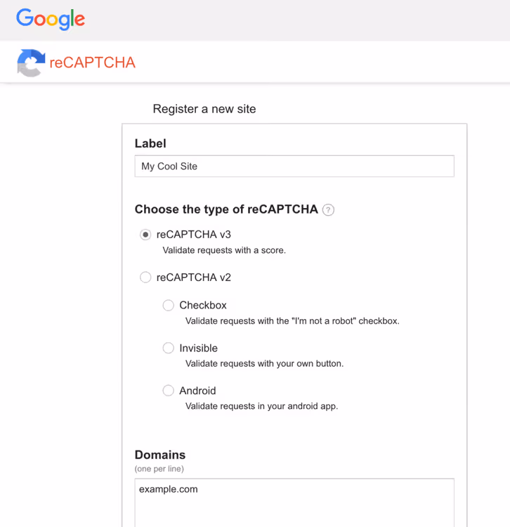 Sivuston rekisteröintilomake Google reCAPTCHA -hallintapaneelissa