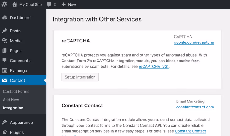 Contact Form 7 -integraatiosivu WordPress-hallinnassa
