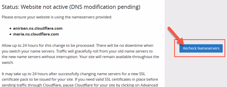 Кнопка Recheck Nameservers для ручной проверки обновления NS