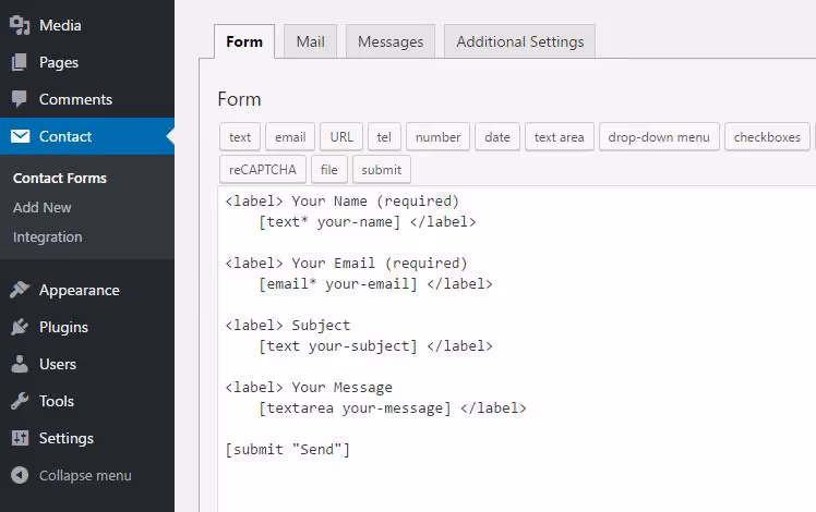Balise standard de Contact Form 7 dans l'éditeur