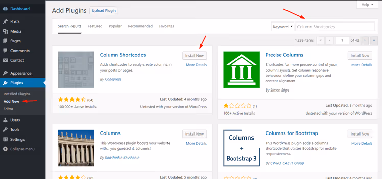 Bouton de génération de shortcode de colonnes dans l'éditeur WordPress