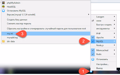 Laragon-Menü mit MySQL my.ini-Option