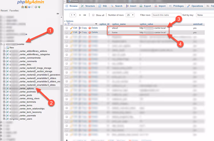 Tabela wp_options z wartościami siteurl i home w phpMyAdmin