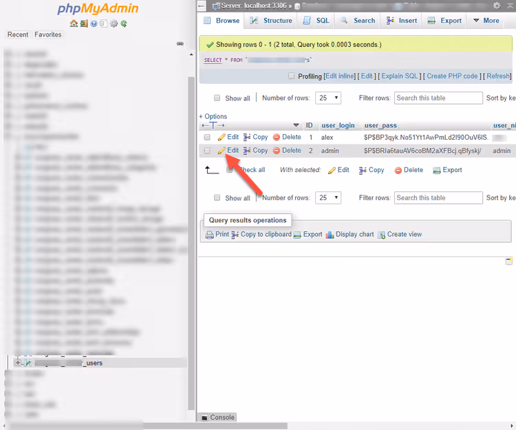 Tabela wp_users w phpMyAdmin z listą użytkowników WordPress