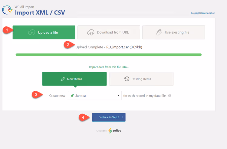 Carga de un archivo CSV en la interfaz de WP All Import