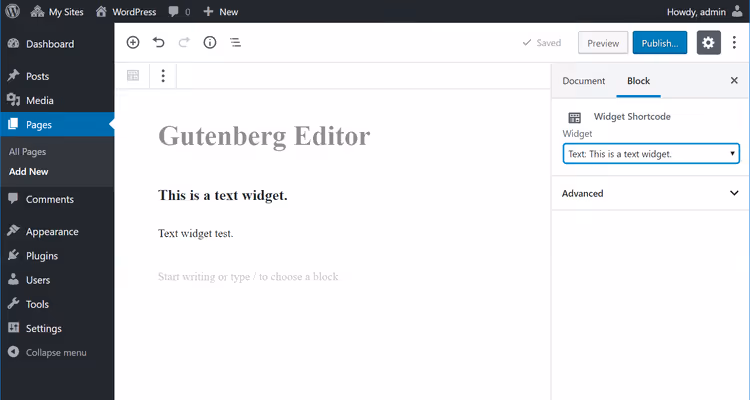 Shortcode widżetu w edytorze blokowym Gutenberg