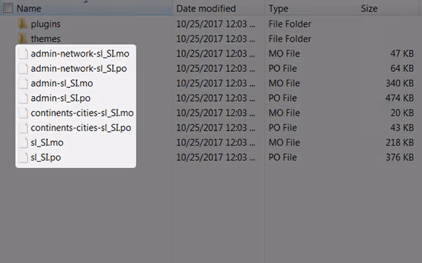 Pliki .mo i .po w folderze languages pakietu językowego WordPress