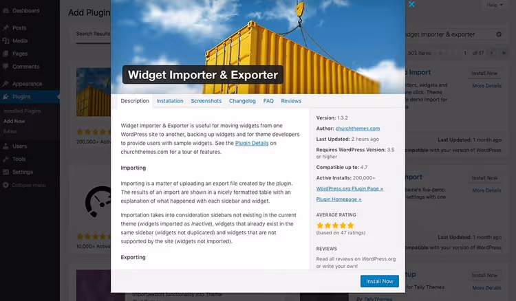 Ecrã principal de exportação de widgets do plugin