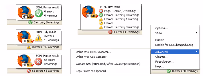 Ícone da extensão HTML Validator na barra de ferramentas do Firefox com indicação de erro