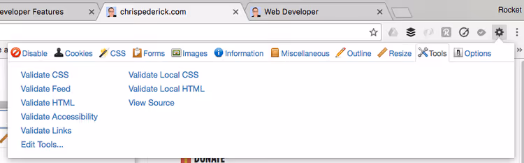 Barra de ferramentas da extensão Web Developer para Chrome