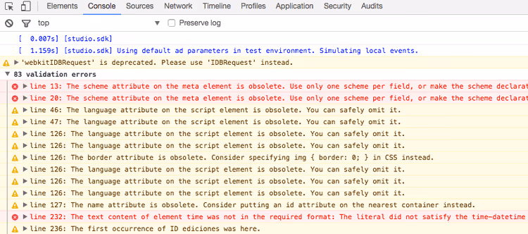 Consola JavaScript com resultados da verificação da extensão Validity