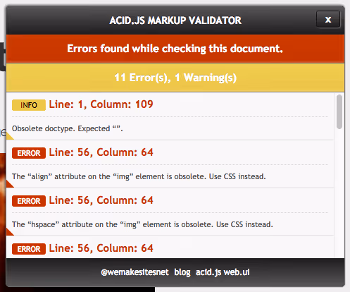 Janela do bookmarklet Acid.JS Validator com resultados da verificação da página