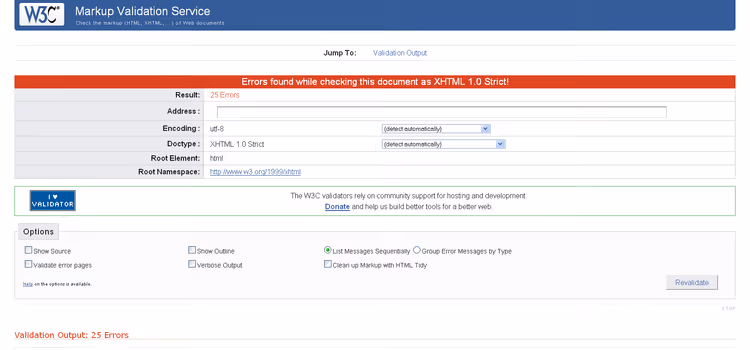 Interface do validador W3C com resultados da verificação HTML