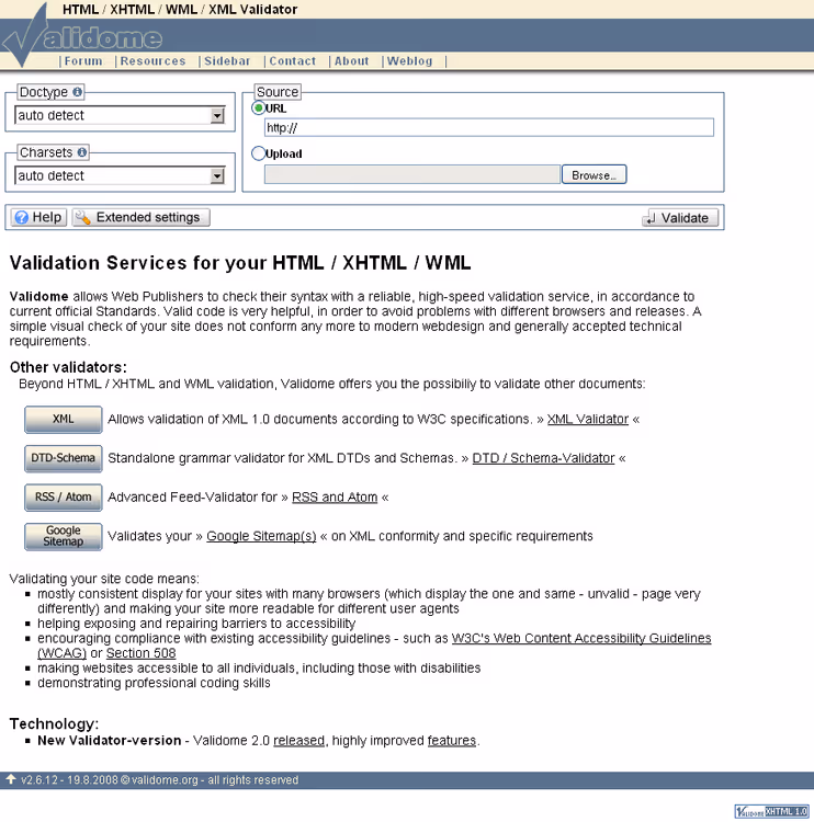 Página de verificação de código do Validome.org com seleção de normas