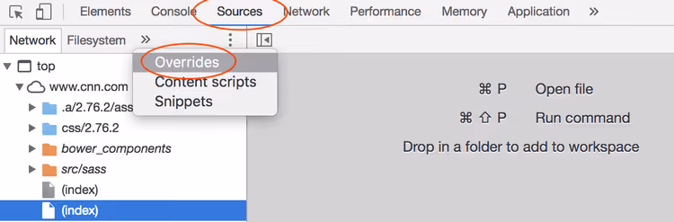 Separador Overrides no painel Sources do Chrome DevTools