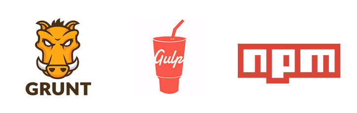 Logotipos de bundlers y gestores de paquetes Grunt, Gulp y npm