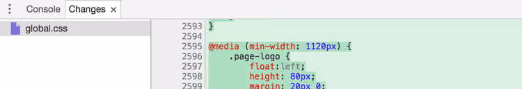 Comparação linha a linha das alterações no separador Changes do Chrome DevTools