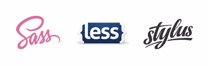 Logotipos de los preprocesadores CSS Sass, Less y Stylus