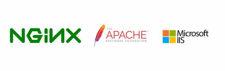 Logotipos de servidores web Nginx, Apache y Caddy