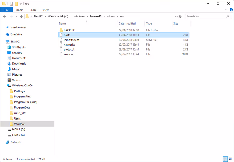 Location of the hosts file in the Windows 10 etc system folder