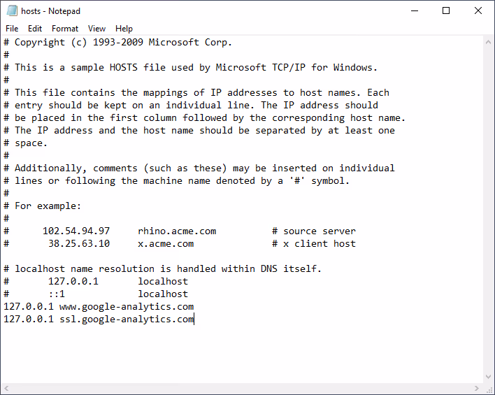 Editing the hosts file in Notepad, Google Analytics tracker blocking lines