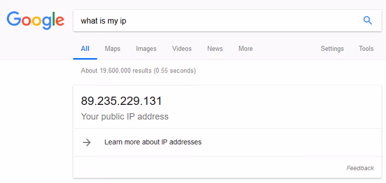 Result of searching for your IP address through Google, determining external IP