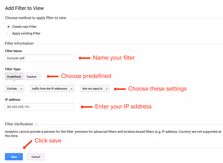 IP filter addition form in Universal Analytics, exclusion setup