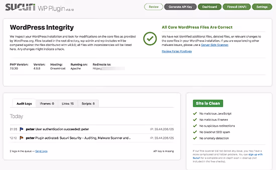 Dashboard del plugin Sucuri Security con risultati scansione WordPress