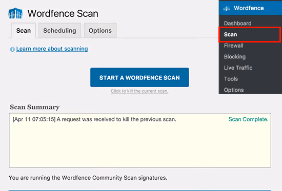 Pagina di scansione Wordfence con avanzamento controllo file WordPress