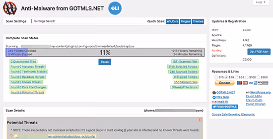 Interfaccia plugin Anti-Malware Security con impostazioni scansione completa sito