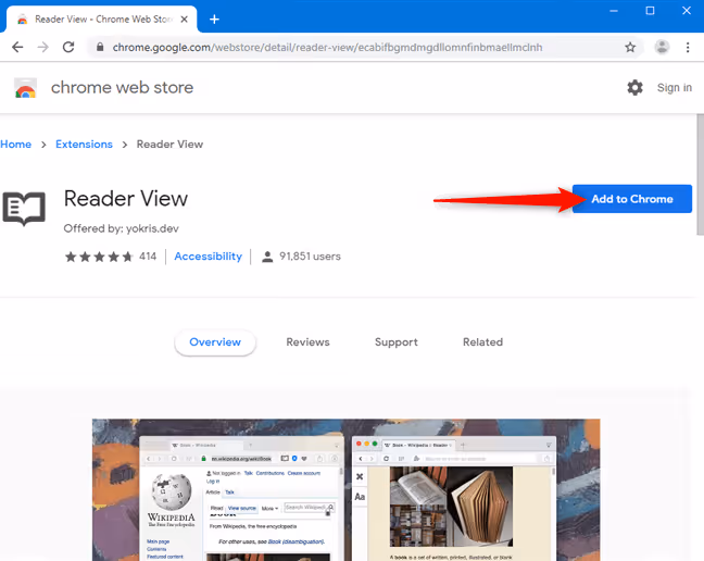 Installing the Reader View extension in Google Chrome