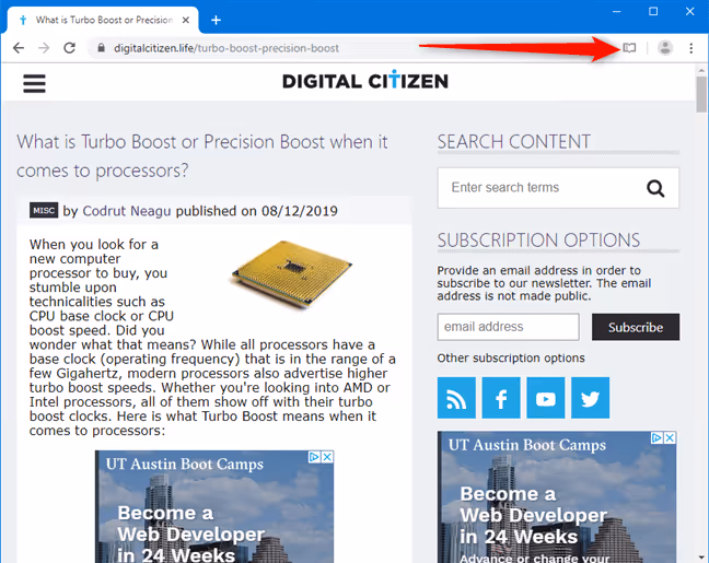 Clicking the Reader View icon in Chrome's address bar