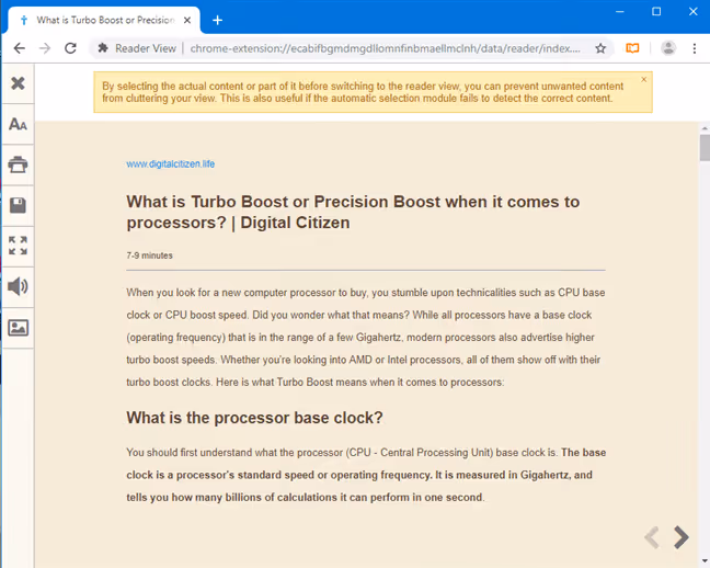 Web page in Reader View mode without ads in Chrome
