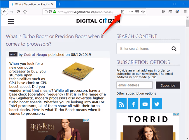 Reading mode button in Firefox's address bar