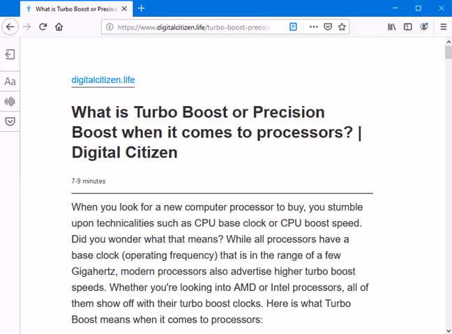 Page in Firefox reading mode without ads and sidebars