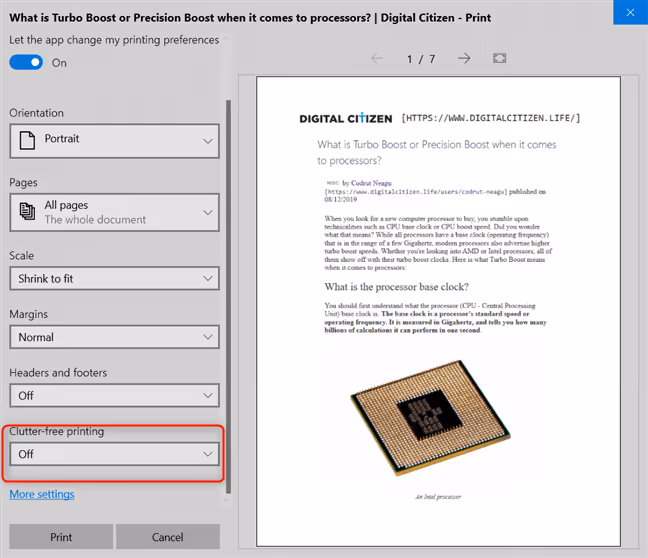 Clutter-free printing setting in Microsoft Edge