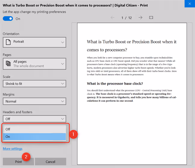 Print preview without ads in Microsoft Edge