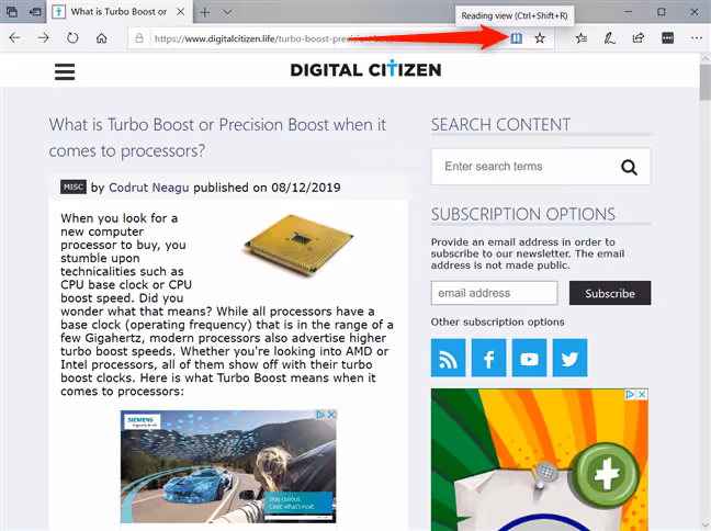 Immersive Reader button in Edge's address bar