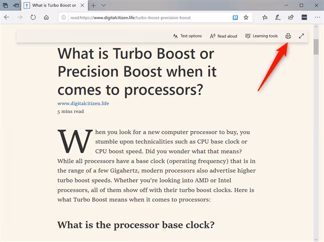 Printing a page from Immersive Reader mode in Edge